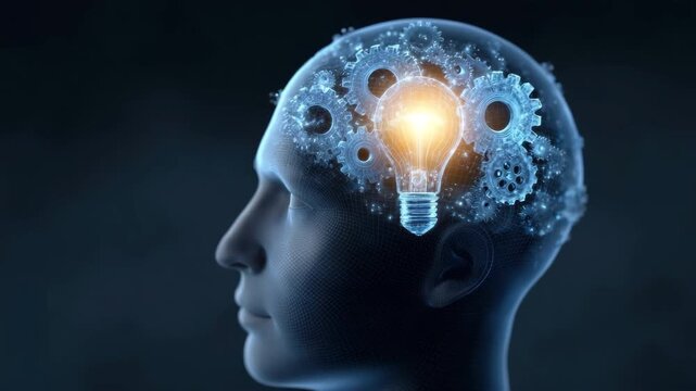Human head glowing light bulb gears inside brain symbolizing creativity innovation technology thinking idea creative thinking innovation technology intelligence process
