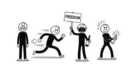 Cartoon figures depicting various actions, including running, protesting with a sign, and holding a bottle and a lit firecracker.