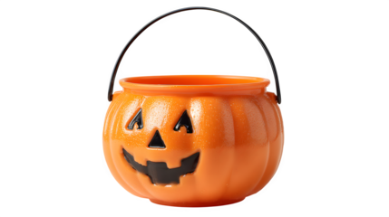 Floating pumpkin bucket for trick-or-treating, isolated on white background