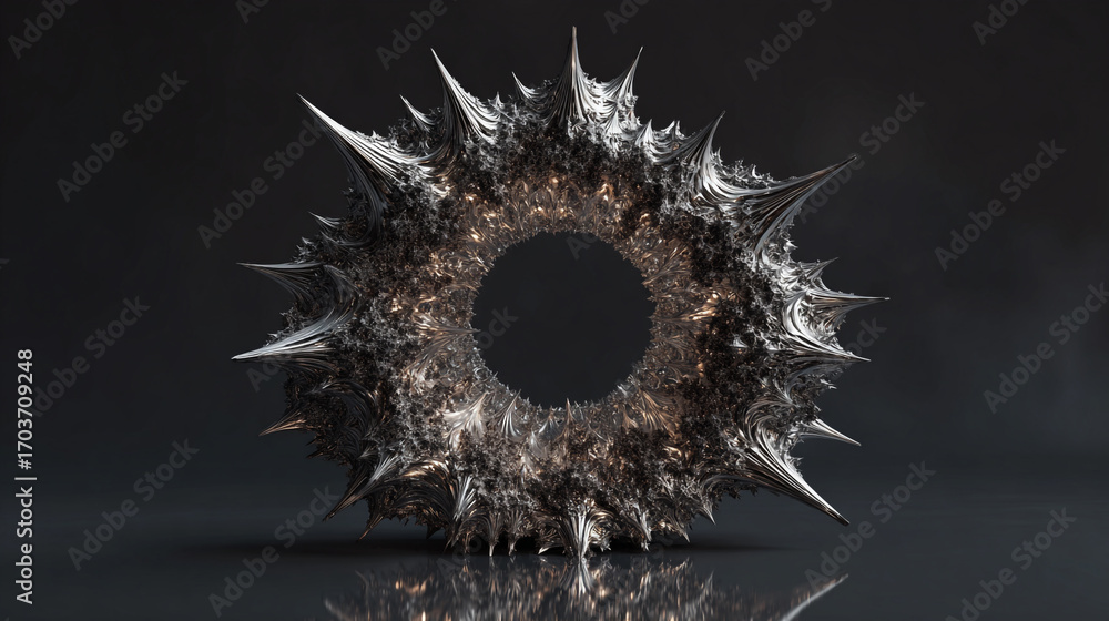 Poster Abstract metallic sculpture with sharp points forming a circular shape dark background reflection