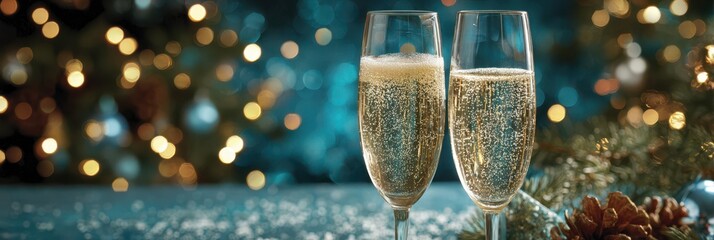 Celebration with champagne flutes under festive lights during holiday season