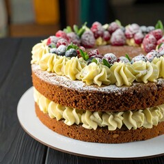 A layered cake adorned with fresh berries