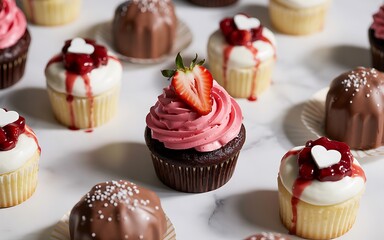 Indulgent gourmet cupcakes with vibrant pink frosting and fresh strawberry garnish