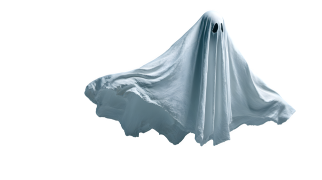 Flying ghost in white sheet casting shadow with spooky realism, isolated on white background