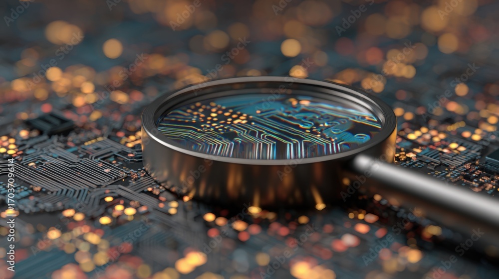 Aufkleber close-up view of magnifying glass reflecting circuit board patterns and luminescent lights in a mode