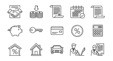Handshake money finance business icons set for loan mortgage investment and savings concepts vector