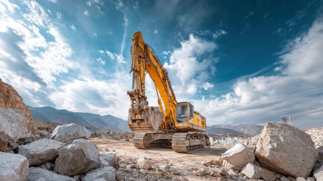 Yellow excavator heavy equipment working on rocky mountain construction site under cloudy sky showcasing powerful earthmoving machinery in rugged outdoor industrial environment
