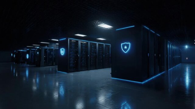 Dark data center with illuminated server racks and glowing security icons, modern technology environment featuring digital network, computer systems, and futuristic secure atmosphere with reflective - Powered by Adobe