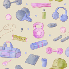 Seamless sport pattern with gym accessories, dumbbells, resistance bands and water bottles on nude beige background for fitness and wellness design