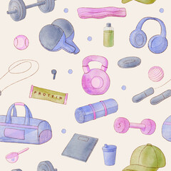 Seamless pattern of fitness elements like dumbbells, resistance bands and water bottles on cream background for healthy lifestyle and sport design