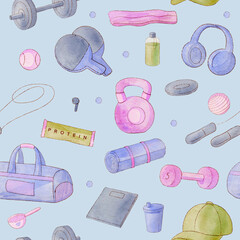 Seamless fitness pattern with gym equipment, dumbbells, water bottles and resistance bands on light blue background for sport and wellness design