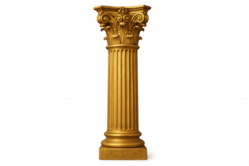 Classic golden corinthian column standing against transparent backdrop, highlighting architectural detail and classical design elements
