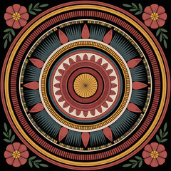 Intricate circular mandala with floral accents and geometric patterns