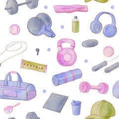 Seamless fitness pattern with dumbbells, resistance bands, water bottles and gym accessories on transparent background PNG design for sport and healthy lifestyle themes