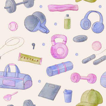 Seamless pattern of fitness elements like dumbbells, resistance bands and water bottles on cream background for healthy lifestyle and sport design
