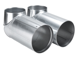 Two polished, cylindrical, metal, plumbing or HVAC components, joined at a 90-degree angle, showcasing seamless construction