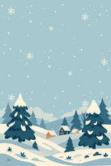 Cozy snow-covered village, small town among winter forest. Winter landscape, vertical vector illustration with place for text. Perfect for postcards, winter landscapes and atmospheric holiday designs