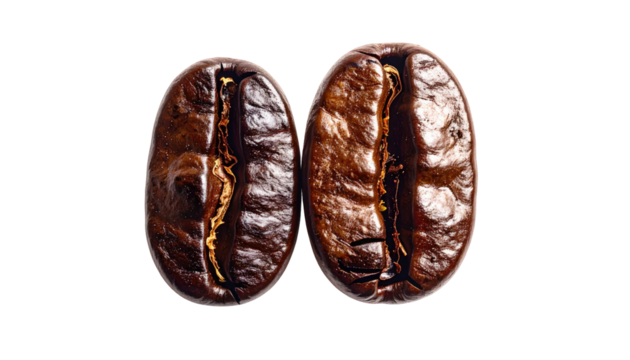 Close-up of two coffee beans, side-by-side, showing intricate texture and dark brown color