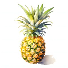 Fototapeta premium This watercolor painting shows a detailed close-up of a whole pineapple, highlighting its textured skin and spiky leaves.