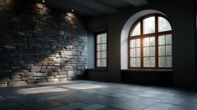 Spacious room with stone wall and arched window featuring natural light and sunlight casting shadows on tile floor, showcasing peaceful interior architecture and empty space ambiance