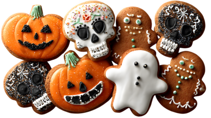 Halloween gingerbread cookies shaped like pumpkins, skulls, and ghosts, isolated on white background