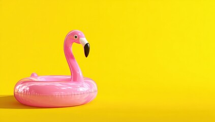 Pink flamingo inflatable ring on a vibrant yellow background