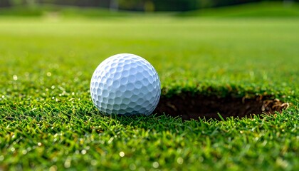 Obraz premium Precision and accuracy in sport, a golf ball about to drop into the hole on a perfect green