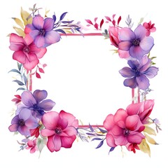 Fototapeta premium The illustration shows a square frame made of pink and purple watercolor flowers, leaves, and stems, set against a white background.