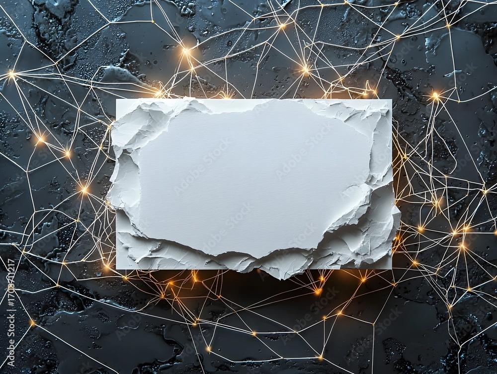 Aufkleber an abstract digital network with glowing nodes overlays a torn edge white card on a dark textured ba