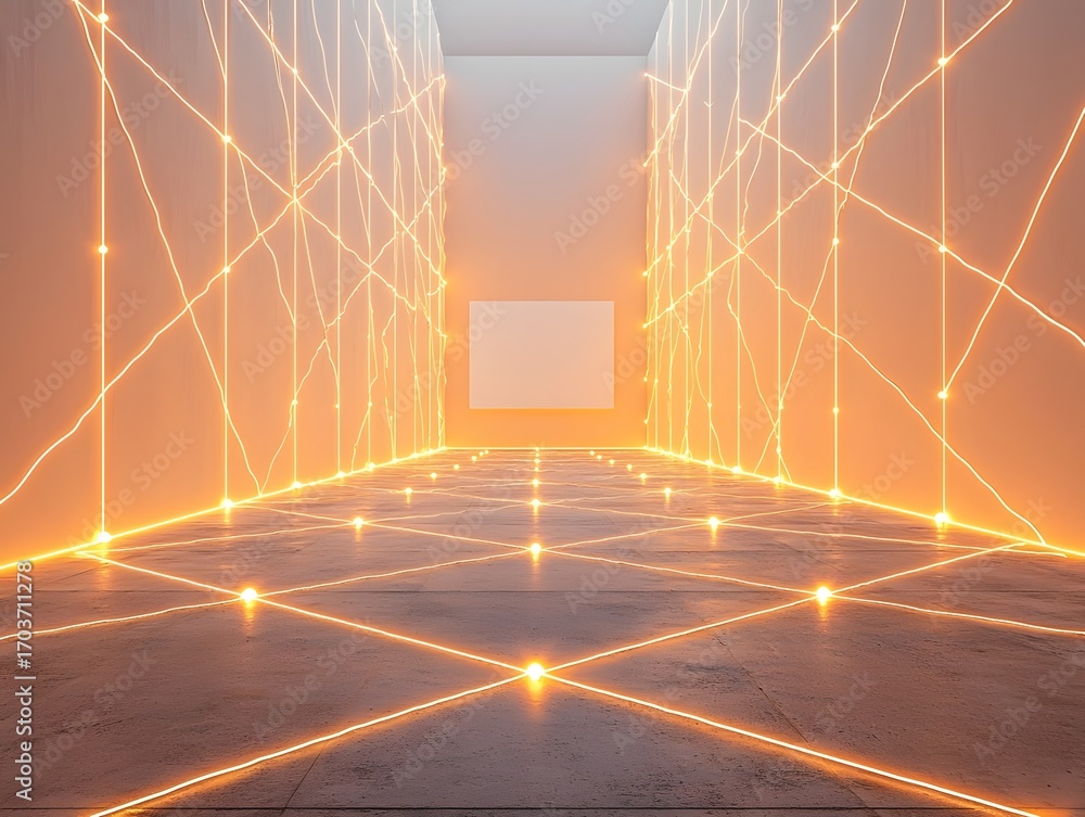 Poster abstract futuristic room with glowing orange laser grids and a blank canvas symbolizing ideas and co