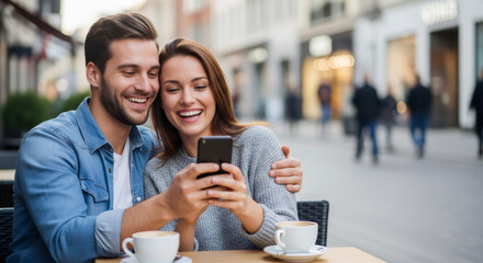 Happy man and woman couple smiling and looking at smartphone together outdoors. Browsing social media while having coffee at cafe. Modern lifestyle.