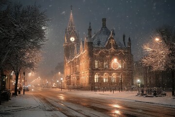 Fototapeta premium Snow falling on decorated town