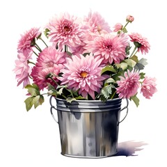 A watercolor painting shows a bouquet of pink chrysanthemums in a galvanized metal bucket against a white background.