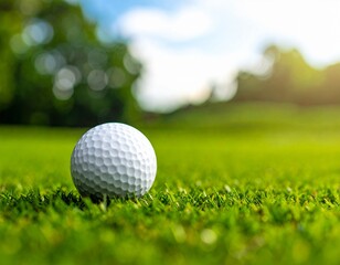 Obraz premium Close-up of a white golf ball resting on the vibrant green grass of a serene course on a beautiful sunny day with a blurred background