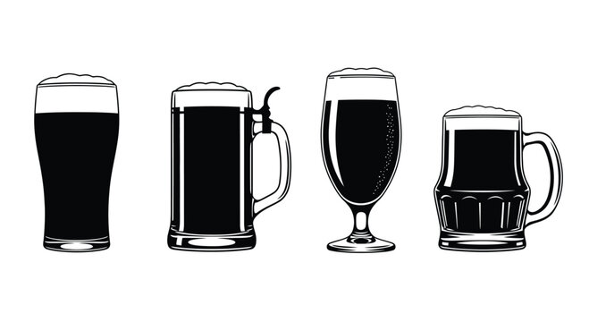 Four different styles of dark beer poured into glasses featuring various shapes and sizes vector