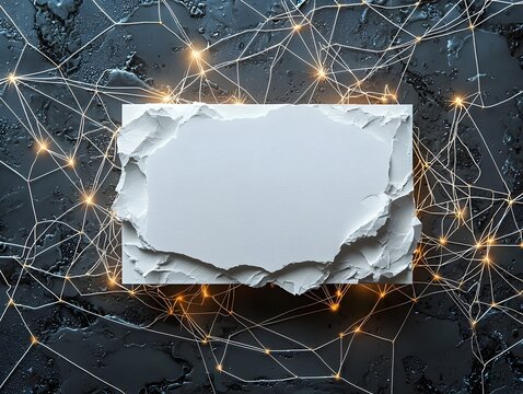 An abstract digital network with glowing nodes overlays a torn edge white card on a dark textured background symbolizing connectivity and innovation