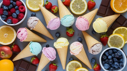 Indulge in vibrant ice cream cones with fresh fruits and chocolate, a delightful summer treat