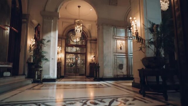 A polished brass hotel reception bell on a stand in a grand, chandelier-lit lobby.