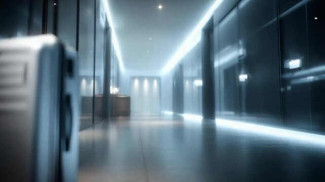 A silver hard-shell suitcase with wheels stands in a sleek neon-lit corridor, like an airport or hotel hallway.