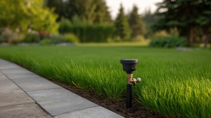 Smart Sprinkler Controller Installed in Garden Setting with Lush Green Grass and Pathway