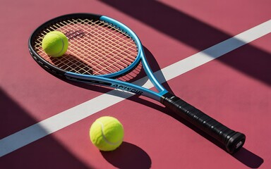 Dynamic tennis racket and balls poised for action on a sun-drenched court