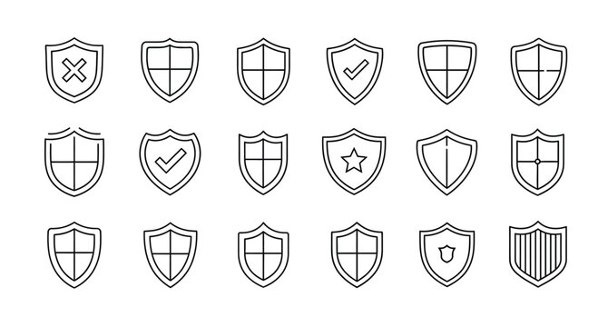 Hand drawn shield icons collection security protection emblem symbols vintage style vector