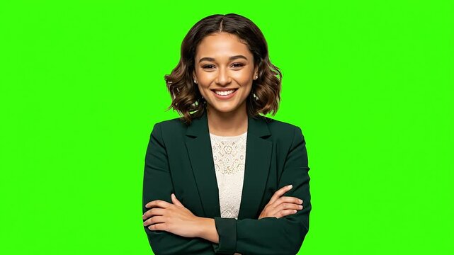 Smiling businesswoman in formal attire exudes confidence and professionalism standing against a vibrant green backdrop adding versatility for dynamic presentations and marketing campaigns