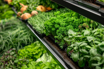 A smart garden system with AI-controlled irrigation and nutrient delivery, showcasing a variety of fresh herbs and vegetables