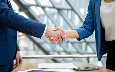 Professional handshake seals business deal, symbolizing partnership and success in modern office