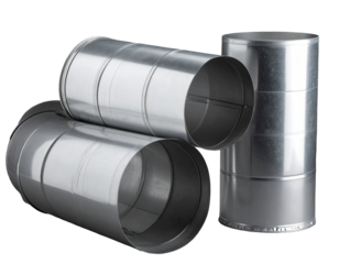 Three cylindrical metal components, likely for HVAC or industrial ventilation.  