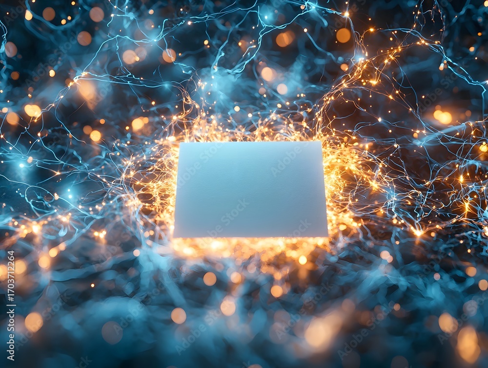 Poster a blank rectangular panel at the center of an abstract glowing network of blue and orange energy lin