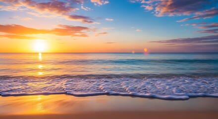 Fototapeta premium Vibrant sunset over a tranquil ocean with gentle waves on a sandy beach