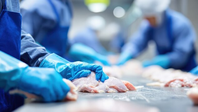 Chicken processing in a factory. Hands in blue gloves work on pieces of raw chicken on a stainless steel conveyor belt
