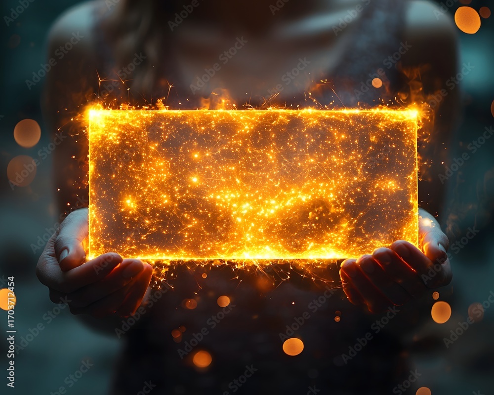 Poster a person s hands gently hold a brightly glowing rectangular object emitting intense energy and spark